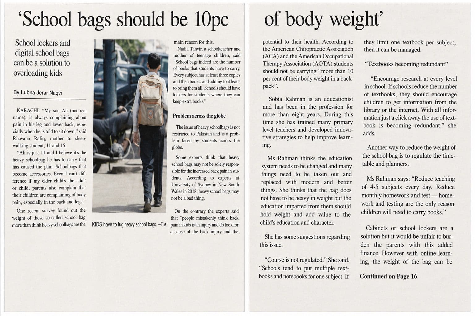 School Bags Should Be 10pc of Body Weight — Dawn, July 2021