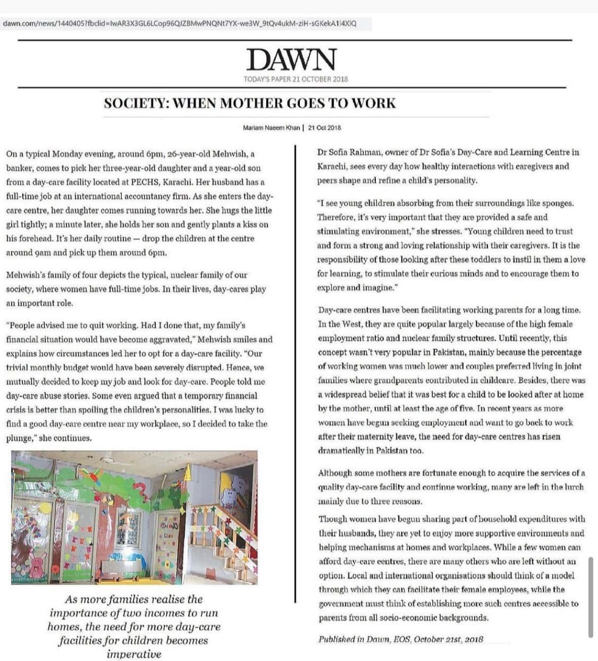 Society: When Mother Goes to Work — Dawn EOS, October 2018